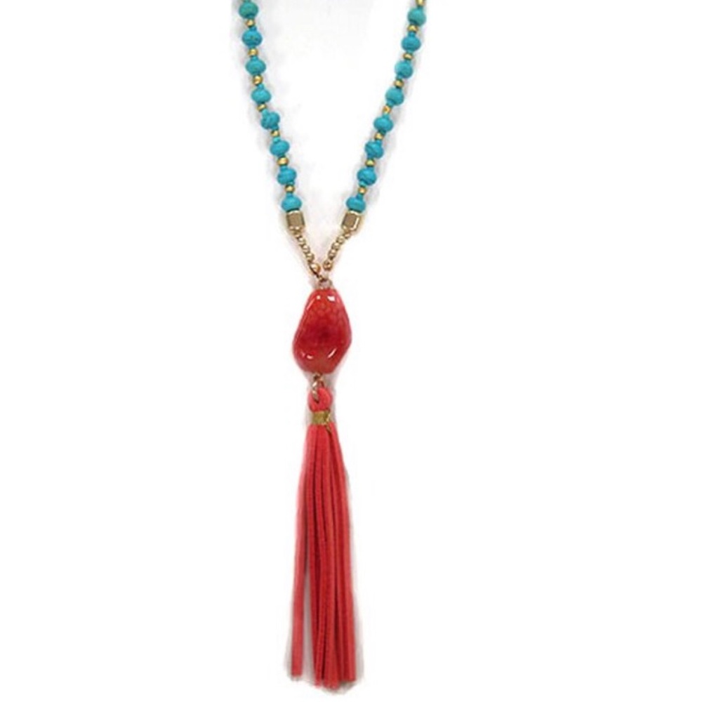 Turquoise Beaded Necklace with Coral Red Tassel